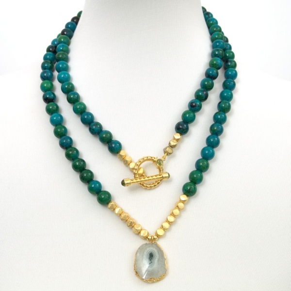 Perlenkette Designer Collier aus Fuchsit Edelsteinen in Türkis-Grün