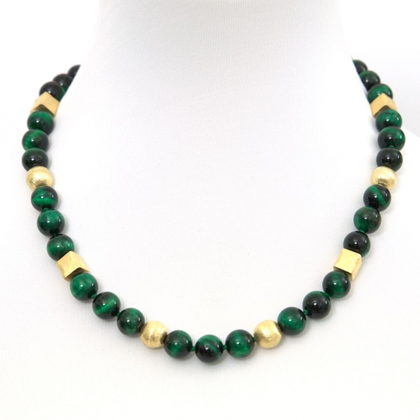 Perlenkette Designer Collier aus Tigerauge Edelsteinen in smaragd grün