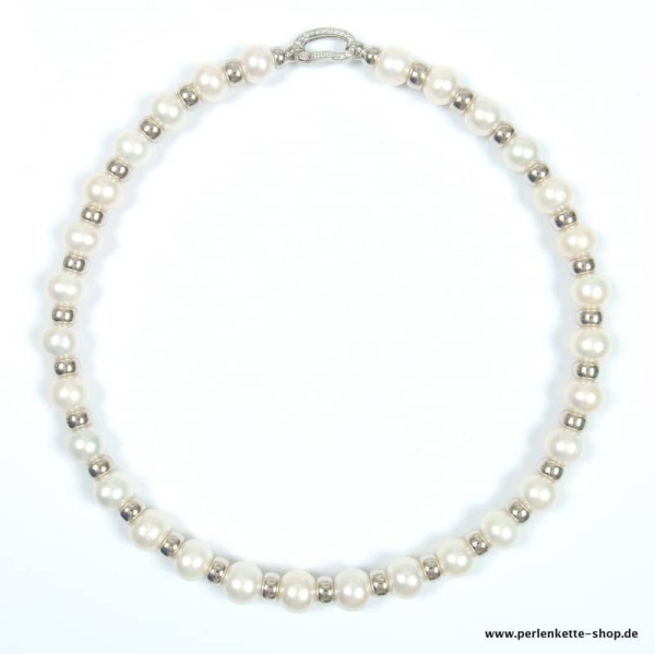 Hochzeits-Perlenkette in Weiß mit 12 mm Perlen und Weißgold-Preziosen