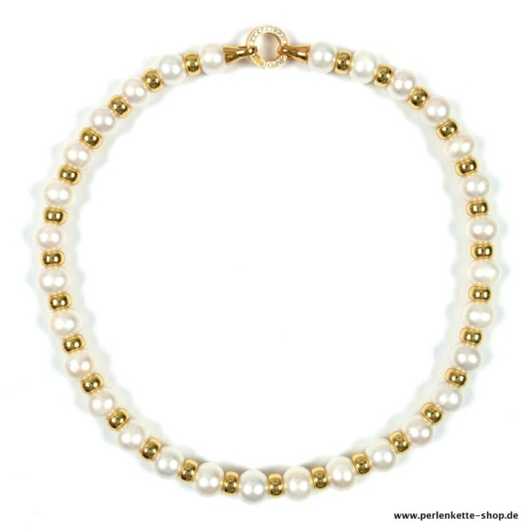 Hochzeits-Perlenkette in Weiß mit 12 mm Perlen und Gelbgold-Preziosen