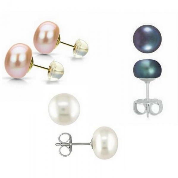 3 Paar Perlen Ohrstecker mit 10mm Bouton-Perlen in Weiß, Ice Pink und Peacock
