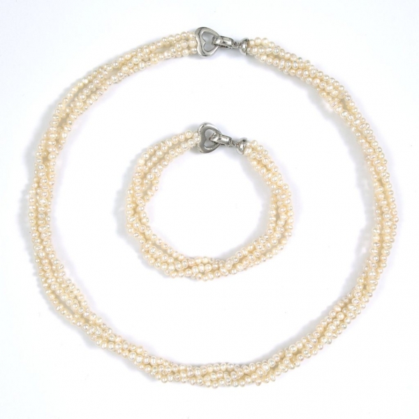 4-reihige Halskette und Armband in Weiß mit 3-4 mm Perlen