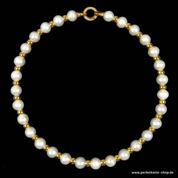 Hochzeits-Perlenkette in Weiß mit 12 mm Perlen und Gelbgold-Preziosen
