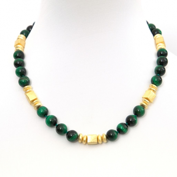 Perlenkette Designer Collier aus Tigerauge Edelsteinen in smaragd grün