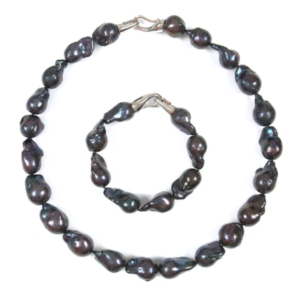 Barock-Perlenkette und Armband in Peacock