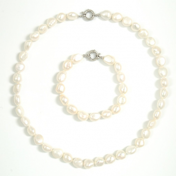 Perlenkette und Armband in Weiß mit 10 mm Perlen