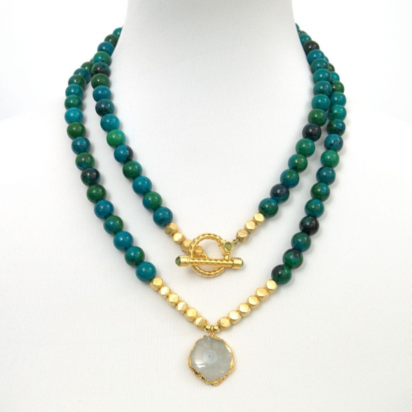 Perlenkette Designer Collier aus Fuchsit Edelsteinen in Türkis-Grün