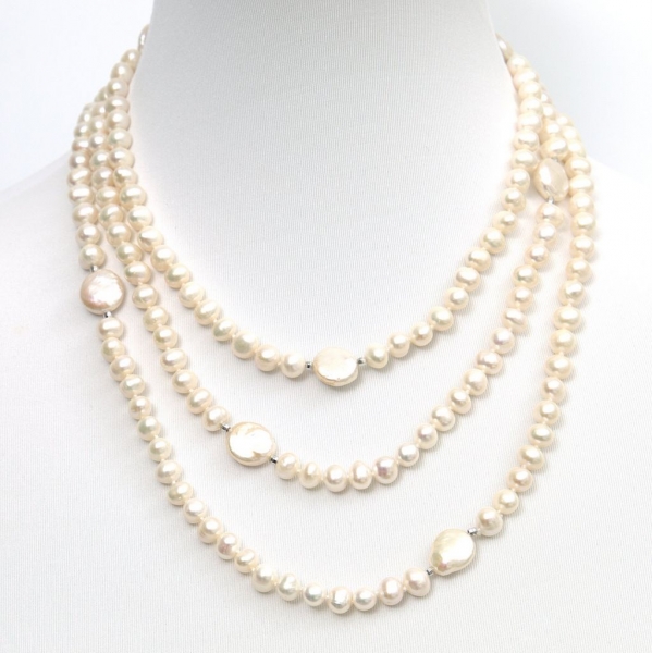 Süßwasserperlen 152 cm in Weiß mit zwei Perlenformen